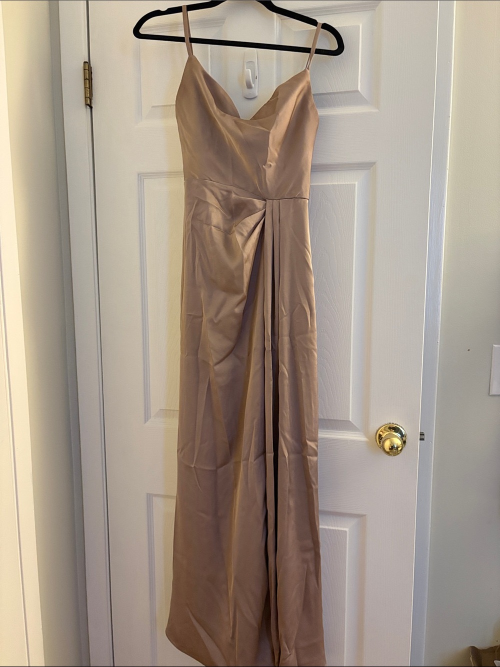 Azazie Taupe Satin Spaghetti-Strap Maxi Dress